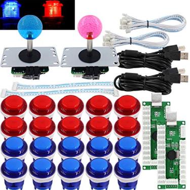 Imagem de SJ@JX Controle de jogo Arcade 2 Player Kit DIY Botões LED MX Microswitch 8 Way Joystick USB Codificador Cabo para PC MAME Raspberry Pi Vermelho Azul