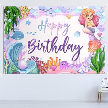 Imagem de Decoração de faixa de fundo de sereia de aniversário roxo - sob o mar escamas de pequena sereia decoração tema festa de feliz aniversário para meninas suprimentos de princesa