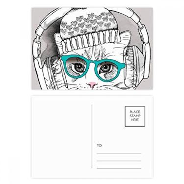 Imagem de Fone de ouvido chapéu de lã branco com proteção de gato animal conjunto de cartões postais de aniversário cartão de agradecimento