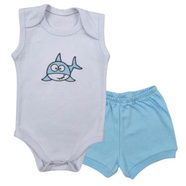 Imagem de Conjunto Body Regata Bordado Tubarão e Short Tapa Fralda - Roupa Bebê Menino-Masculino