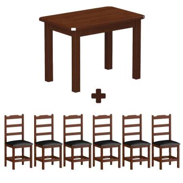 Imagem de Mesa Retangular Com 6 Cadeiras Estofadas Madeira Maciça 160cm Castanho Preto Mormont Shop Jm