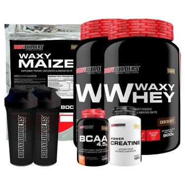 Imagem de Kit 2xWhey Protein Waxy Whey 900gr+waxy maize 800g+Creatina 100gr+BCAA 100gr+2 shaker- Bodybuilders-Unissex