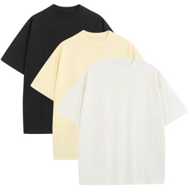 Imagem de Camisetas masculinas grandes modernas, folgadas, gola redonda, moda urbana, pesada, manga curta, academia, treino, Preto + bege + branco, G