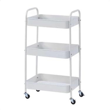 Imagem de Carrinho Organizador De Banheiro Lavanderia Estante Fruteira Cozinha Armazenamento Multiuso Prateleiras Escritório Manicure Maquiagem Rodinha Giratória 03 Prateleiras Aço (Branco)