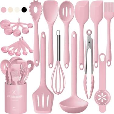 Imagem de Umite Chef Conjunto de utensílios de cozinha de silicone com 22 peças, resistente ao calor e à máquina de lavar louça, conjunto de espátula antiarranhões para panelas antiaderentes (rosa)