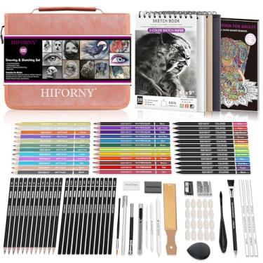 Imagem de HIFORNY Conjunto de 100 peças de desenho e esboço, materiais de arte profissional com grafite, carvão, colorido, aquarela, lápis metálicos, ferramentas de mistura, caderno de desenho e livro de