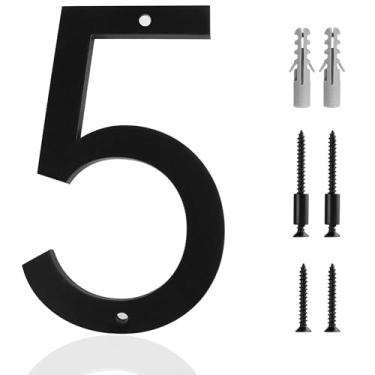 Imagem de Números de casa modernos de acrílico de 12 cm fosco preto fosco acrílico número 5 montagem fácil de descarga ou flutuante para exibição de endereço externo, portões de garagem, endereço de porta de