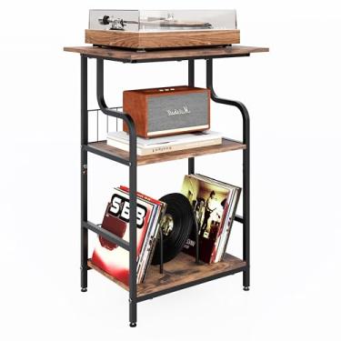 Imagem de Suporte para toca-discos, mesa de toca-discos de 3 níveis, armazenamento de discos de vinil com mesa extragrande, mesa giratória para disco de vinil, suporte para sala de estar - marrom rústico