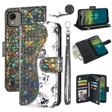 Imagem de Dibosom Capa carteira floral para Nokia C110 com alça de pulso alça de ombro flip zíper bolsa porta-cartão, suporte de couro PU de luxo brilhante brilhante brilhante capa para celular C 110 4G N156DL