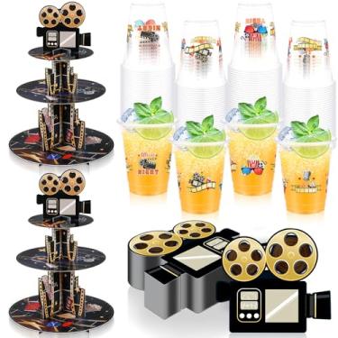 Imagem de Sliner 102 Pcs Movie Night Party Supplies Movie Theme Plastic Cups Movie Theater Cupcake Holder Movie Party Paper Napkins for Movie Night Filmstrip Birthday Red Carpet Party Supplies Decorations