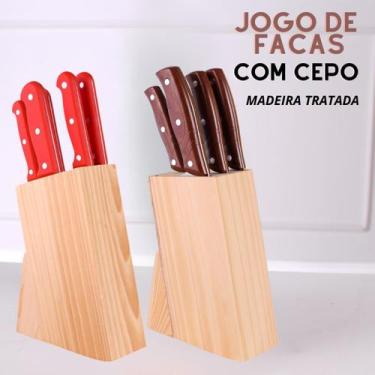 Imagem de Jogo de Facas Faqueiro com Cepo em Madeira Tratada Conjunto 5 e 7 Peça