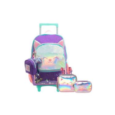 Imagem de Kit Escolar Mochila Rodinha+Lancheira+Estojo Gatinho Glitter - Xeryus