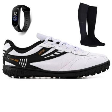 Imagem de Kit Chuteira Futebol Society Couro Campo Grama Sintetica + Meião + Rel