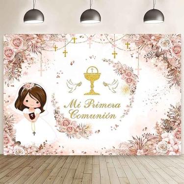 Imagem de MEHOFOND 2,1 x 1,5 m Boho Mi Primera Comunion pano de fundo floral rosa pastel Mi Bautizo fotografia fundo para meninas, primeira comunhão, rosa, glitter, pontos, batismo, Deus, abençoe, pombas,