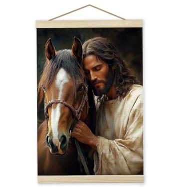 Imagem de Giosve Arte de parede cristã emoldurada, 30,5 x 40,6 cm, pôster de cavalo de Jesus, arte de parede com impressões em tela cristã, versículo da Bíblia cristã, molduras de madeira, pôster, decoração de