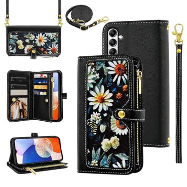 Imagem de Furiet Capa carteira floral para Samsung Galaxy S24 FE 5G com alça de pulso alça de ombro flip com zíper, suporte para cartão de identificação de crédito de couro PU de luxo para S 24 EF S24FE 24S