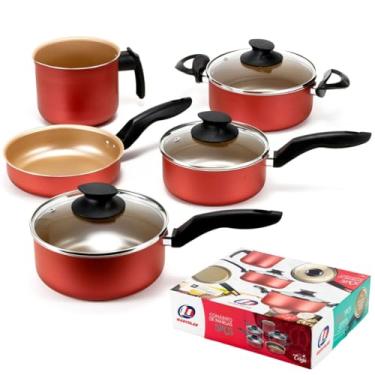 Imagem de Jogo de Panelas 05 Peças Panelas Caçarola Frigideira e Fervedor Antiaderente Com Tampa de Vidro | Marcolar