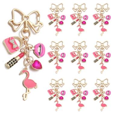 Imagem de PHAETON 10 peças chaveiro fashion com flamingo rosa, batom, coração e design de laço, pingente de gravata borboleta chaveiro cosmético para presente feminino, Dourado, 3.96''