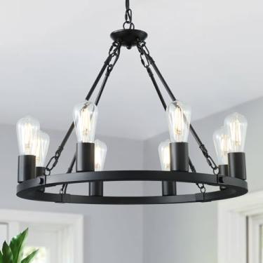 Imagem de GYNAZIX Lustre De Roda De Carroça Com 8 Luzes, Luminária Pendente De Metal Redonda Para Ilha De Cozinha, Estilo Industrial, Estilo Fazenda, Para Sala De Jantar, Sala De Estar, Hall De Entrada, Soque