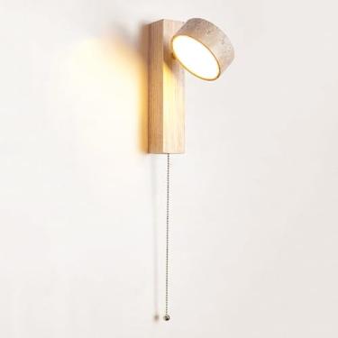 Imagem de Luminária de parede giratória de madeira LED 9W com pedra de mármore natural e interruptor de corrente, estilo rústico vintage de meados do século, para quarto, sala de estar e cozinha