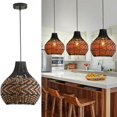 Imagem de Teru Ji Kaikang Pacote Com 3 Luminárias Pendentes De Vime 10,24" Trançadas À Mão, Pretas, Marrons, Fax, Mini Lustre De Vime Estilo Boho, Luminária Suspensa Para Sala De Jantar, Sala De Estar, Quart