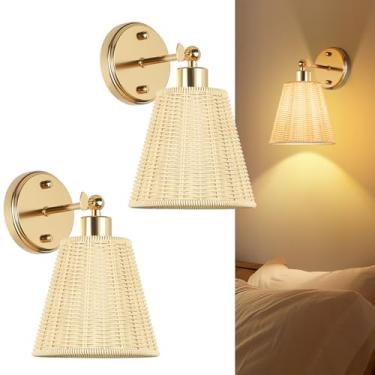 Imagem de FRIDEKO HOME Conjunto De Dois Apliques De Parede Com Braço Articulado Frideko, Luminárias De Parede Estilo Boho Com Abajur De Plástico Trançado À Mão, Luminária Rústica De Parede Vintage, Luminária