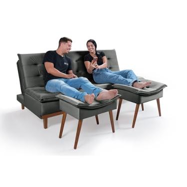 Imagem de Sofá Cama Reclinável Santorini com 2 Banquetas Cor Veludo Cinza Pés de Madeira Premium 3 Lugares Casal