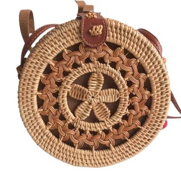Imagem de XEVAR Bolsa redonda de vime feita à mão com alça de couro – Bolsa transversal Boho de palha de vime para mulheres, presente para praia e férias, Boho Rattan Twist