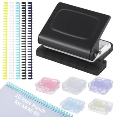 Imagem de Kit de máquina de fichário de 10 furos, sistema de encadernação manual com 10 peças de espinhos de encadernação de folhas soltas e 100 peças de anéis de fichário, máquina de encadernação para