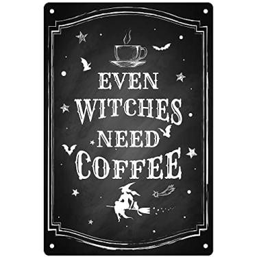 Imagem de IRISVITA Decoração De Bruxa Negra, Até Bruxas Precisam Café, Placa Para Cafeteria Cozinha, Vintage Halloween Ambientes Internos, Parede Gótica 30 X 19 Cm