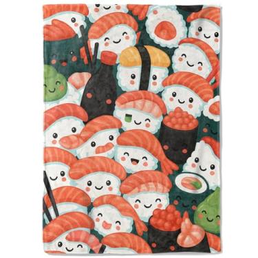 Imagem de coedoaes Lindo cobertor de lã de sushi japonês, 127 x 152 cm, cobertor de molho de soja wasabi com desenho kawaii Nigiri, macio, aconchegante, leve, ideal para decoração de casa e sala de estar