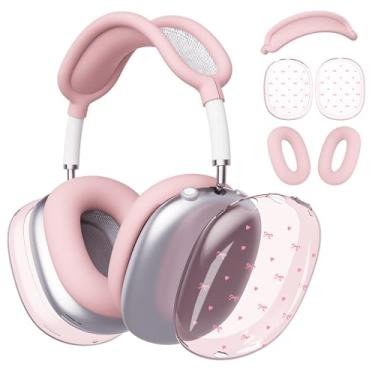 Imagem de BlHMCASE Capa de fone de ouvido para AirPods Max, capa fofa Kawaii com laço de coração, capa de silicone rosa para fones de ouvido para Apple AirPods Max