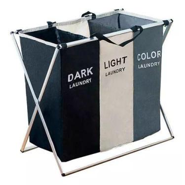 Imagem de Cesto de Roupa Suja Organizador Dobrável Fácil Montagem 3 Compartiment