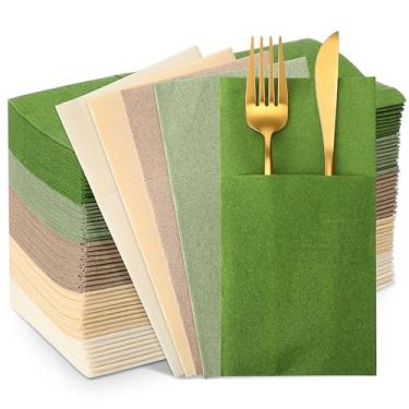 Imagem de Janlaugh Pacote com 50 guardanapos de linho verde sálvia bolso guardanapos de papel descartáveis talheres pré-dobrados suprimentos de jantar para recepção chá de bebê casamento decoração de Natal