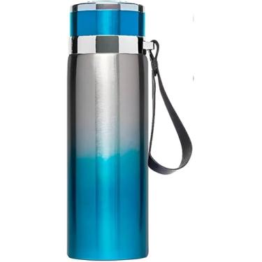 Imagem de Garrafinha Térmica Aço Inox 1L Água Gelada Quente C/Vedação Academia Trilha (Azul com Prata)