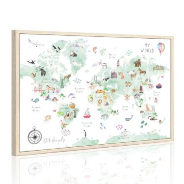 Imagem de Joocrise Mapa-Múndi Infantil Verde, Arte De Parede, Tela Animais, Decoração Berçário, Pôster, Quarto Infantil, Sala Jogos, Impressões, Educacional, 16 X 24" Emoldurada