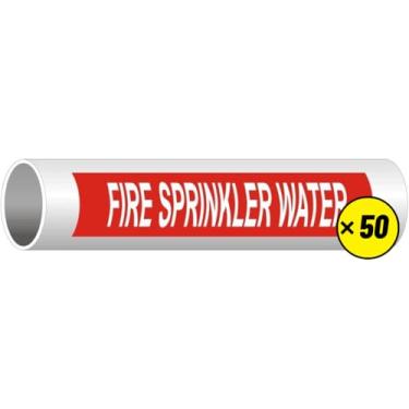 Imagem de ComplianceSigns. Adesivo com Fire Sprinkler Water (lenda branca sobre fundo vermelho) ASME A13.1 Pipe Label Decal, 20 x 5 cm, pacote com 50