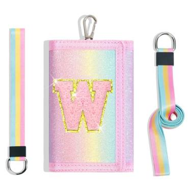 Imagem de cotmcor Carteiras infantis para meninas, adolescentes, 6-8, 8-10 anos, linda bolsa infantil com inicial de rebanho, bolso para moedas, glitter, arco-íris, carteira transversal para presentes de