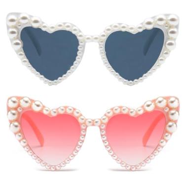Imagem de LJCZKA Óculos de sol femininos luxuosos Love Pearl em forma de coração, olho de gato, festa, festival, cintilante, cintilante, Cinza branco + tinta rosa, tamanho �nico