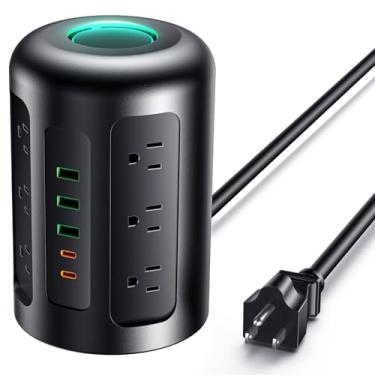 Imagem de Yegosh Protetor contra surtos de torre com 12 tomadas CA e 5 portas USB (2 USB C), cabo de extensão de 1,8 m com várias tomadas, compartimentos para fechadura, estação de carregamento, suprimentos de
