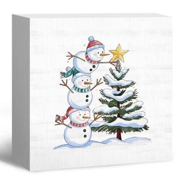 Imagem de laveliabel Placa de caixa de madeira de boneco de neve de Natal, placa de boneco de neve de inverno, decoração de prateleira de mesa de mesa de Natal, aconchegante rústica de inverno, placas de bloco