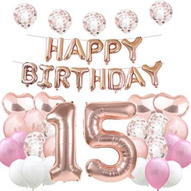 Imagem de Balão doce de 15º aniversário, decorações de 15 anos, artigos para festa de feliz aniversário de 15 anos, ouro rosa, número 15, balões Mylar, balões de látex, presentes para meninas, meninos,