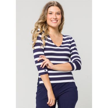 Imagem de Blusa 3/4 Modal Pau a Pique Listrada Branco e Marinho
