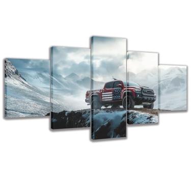 Imagem de 5 peças de caminhonete vermelha, montanha nevada off road impressão em tela, pintura de arte de carro para sala de estar concessionária de carros (Art-3, grande 152 x 76 cm sem moldura)
