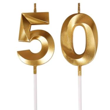 Imagem de Velas douradas de 50 anos – Decorações de feliz aniversário de 50 anos para homens ou mulheres, 50 velas para bolo, artigos elegantes de festa de aniversário de 50 anos para adultos