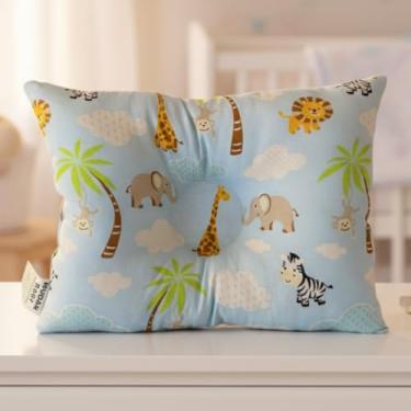 Imagem de Travesseiro Anatômico para Bebê, 27 x 37cm, Fibra Siliconada Hipoalergênica, 100% Algodão (Safari - Azul Bebê)