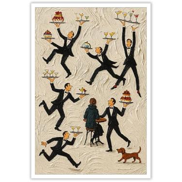 Imagem de Vintage Food Drink Poster Restaurante Tiny People Canvas Wall Art Abstrato Garçom Cocktail Bolo Ocupado Estética Impressão Pintura Para Sala de Estar Quarto Café Bar Decoração de Parede 30,5 x 40,6 cm