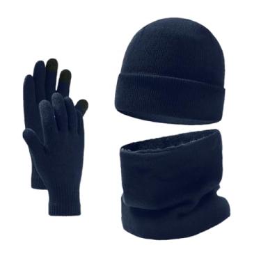Imagem de Conjunto de luvas masculinas de inverno com chapéu e cachecol, gorro de malha, gorro de lã, aquecedor de pescoço, cachecol e luvas de tela sensível ao toque, azul marinho