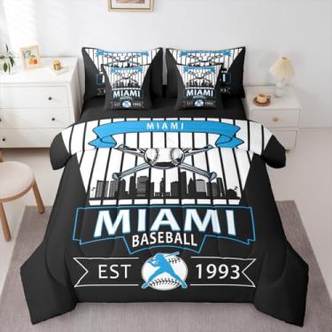 Imagem de Erosebridal Conjunto de edredom de beisebol com lençol de solteiro, Miami para meninos e meninas, beisebol, cidade, 7 peças, cor do time, jogo de cama