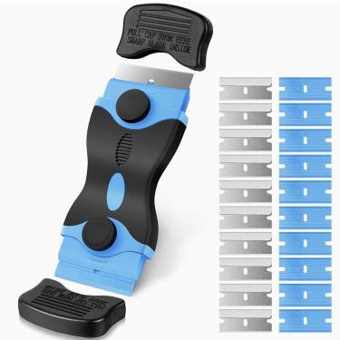 Imagem de Raspador de lâmina de barbear, ferramenta de raspagem de dois gumes com 20 lâminas de barbear, raspador de tinta para vidro, decalques, tinta, adesivos, etiquetas, calafetagem, adesivo (azul)
